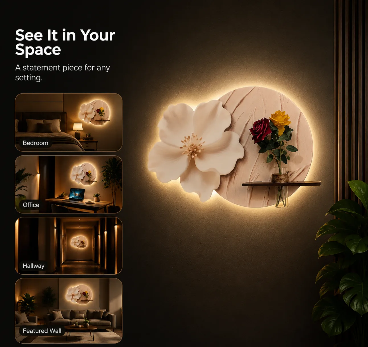 The Bloom of Stillness, LED curated 3D wall art, 75 x 50 x 7 cm, The Bloom of Stillness See it in your space