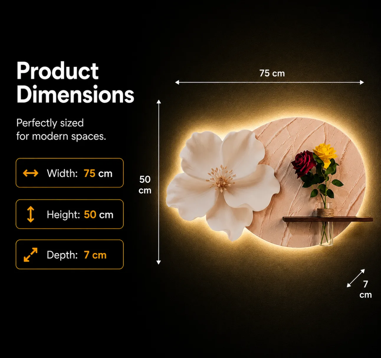 The Bloom of Stillness, LED curated 3D wall art, 75 x 50 x 7 cm, The Bloom of Stillness Product Dimension