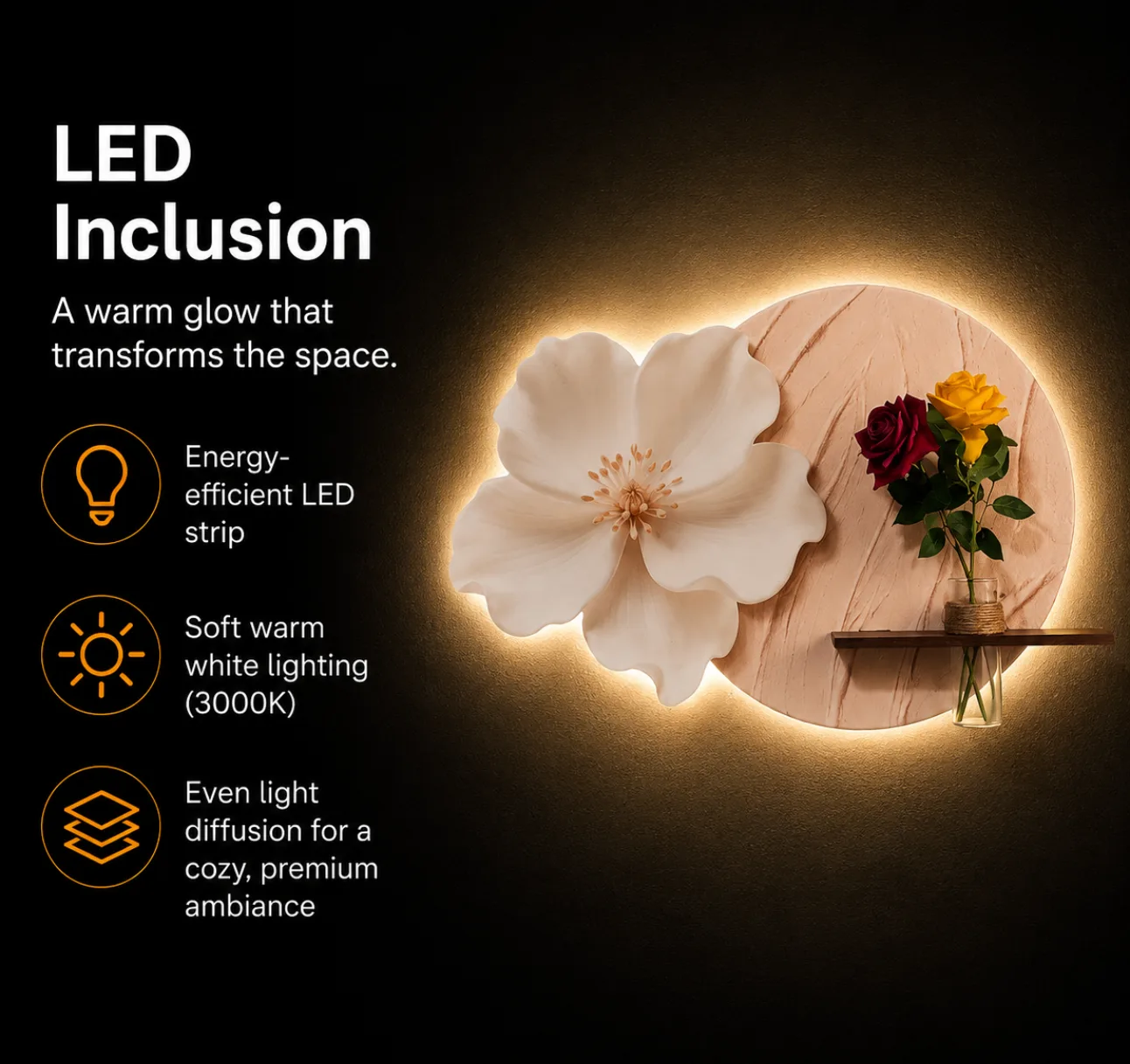 The Bloom of Stillness, LED curated 3D wall art, 75 x 50 x 7 cm, The Bloom of Stillness LED Inclusion
