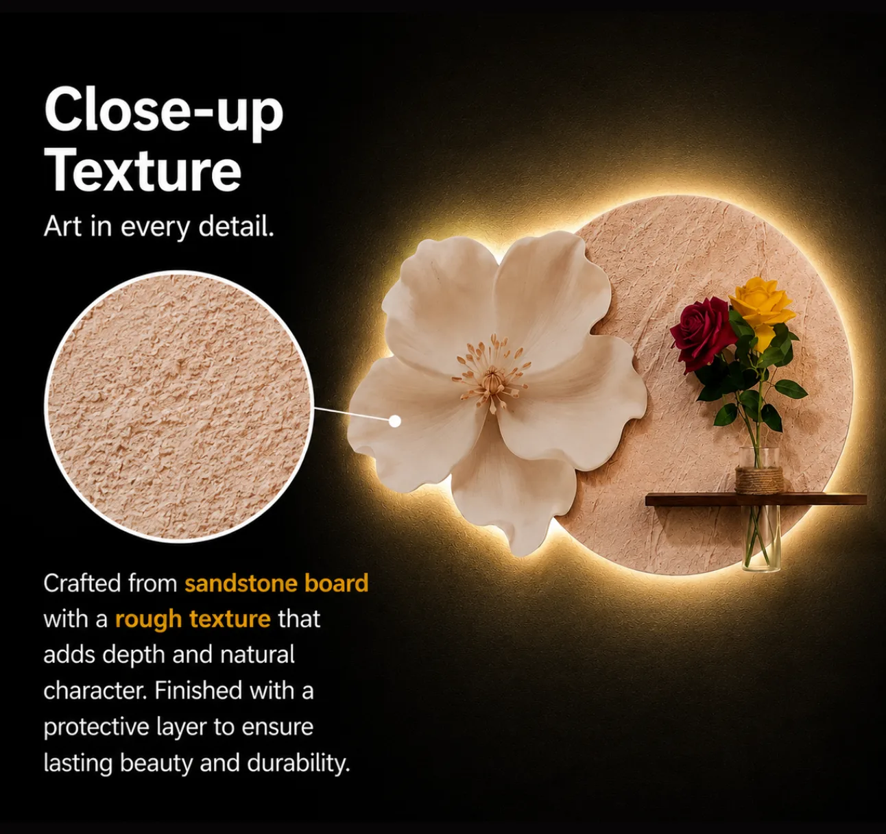 The Bloom of Stillness, LED curated 3D wall art, 75 x 50 x 7 cm, The Bloom of Stillness Close Up Texture