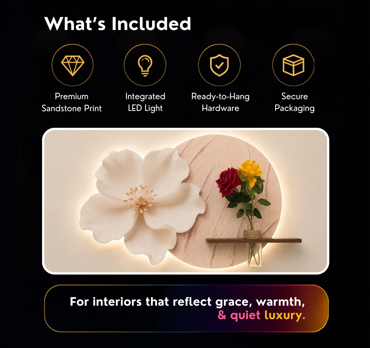 The Bloom of Stillness, LED curated 3D wall art, 75 x 50 x 7 cm, The Bloom of Stillness What's Included