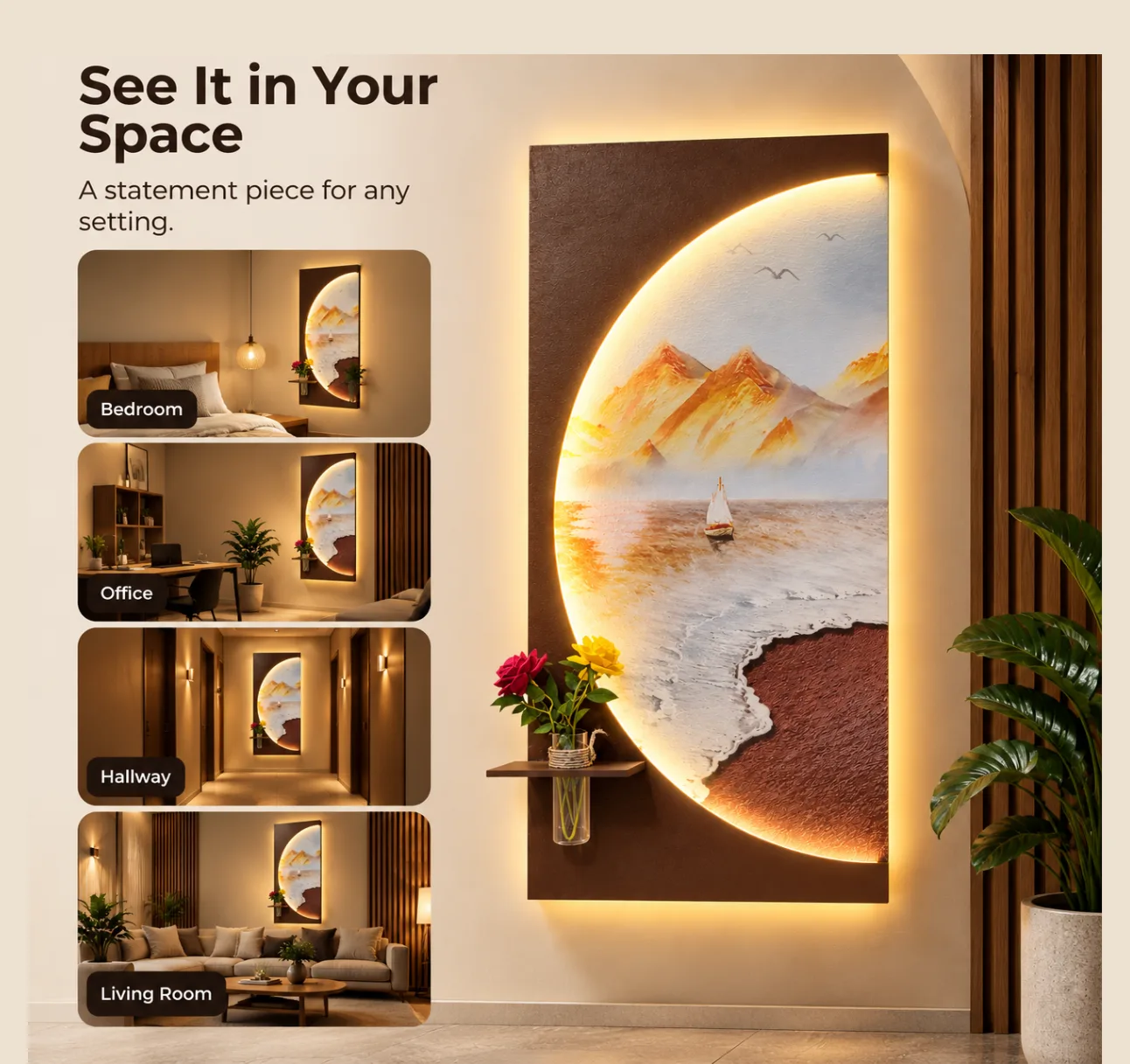 The Coastal Reverie, LED curated 3D wall art, 80 x 160 x 7 cm