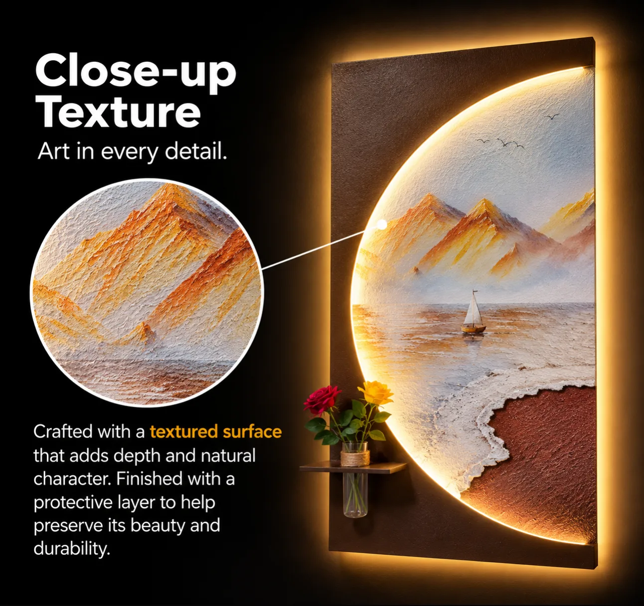 The Coastal Reverie, LED curated 3D wall art, 80 x 160 x 7 cm