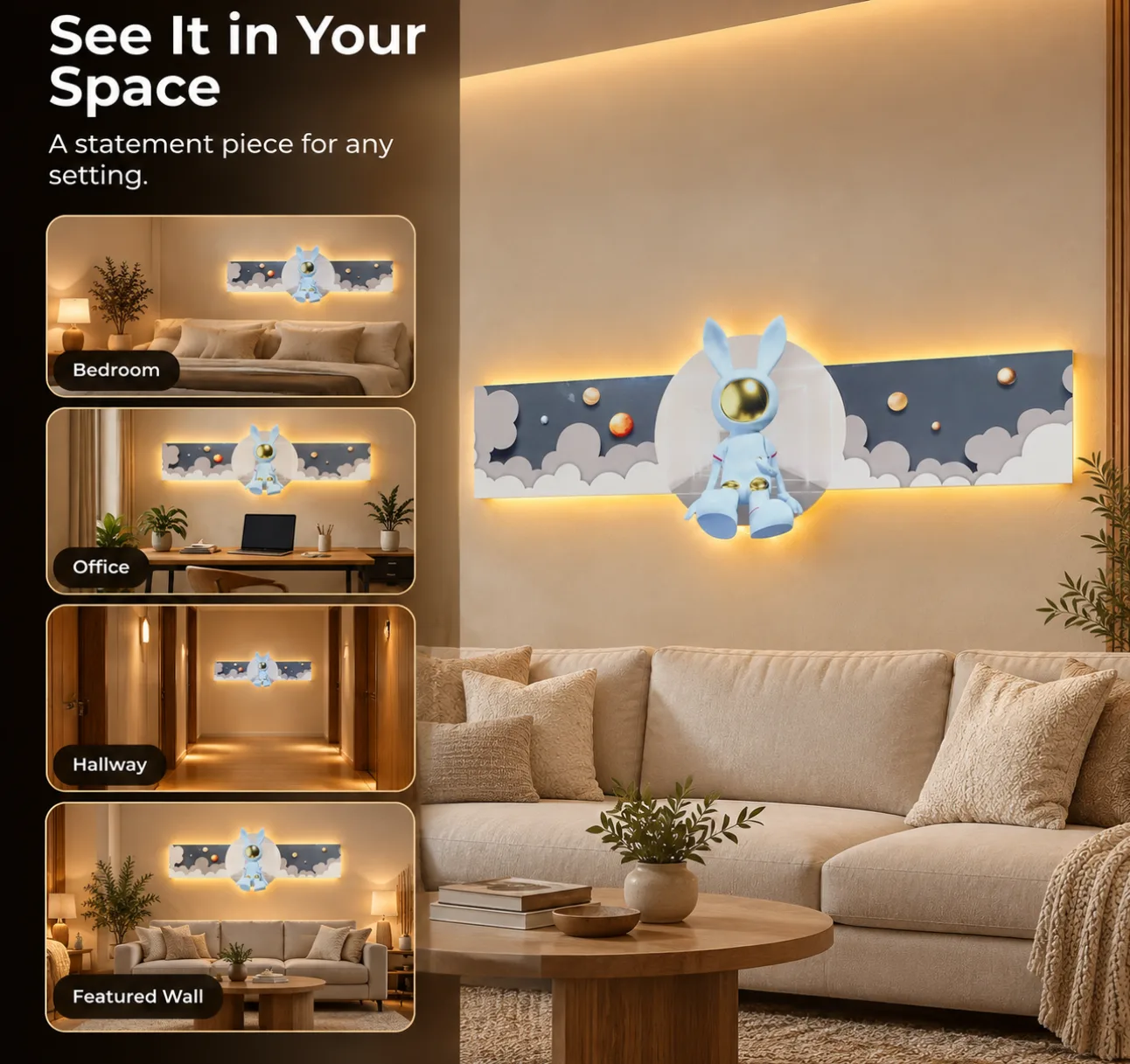 The Cosmic Companion, LED curated 3D wall art, 150 x 67 x 7 cm
