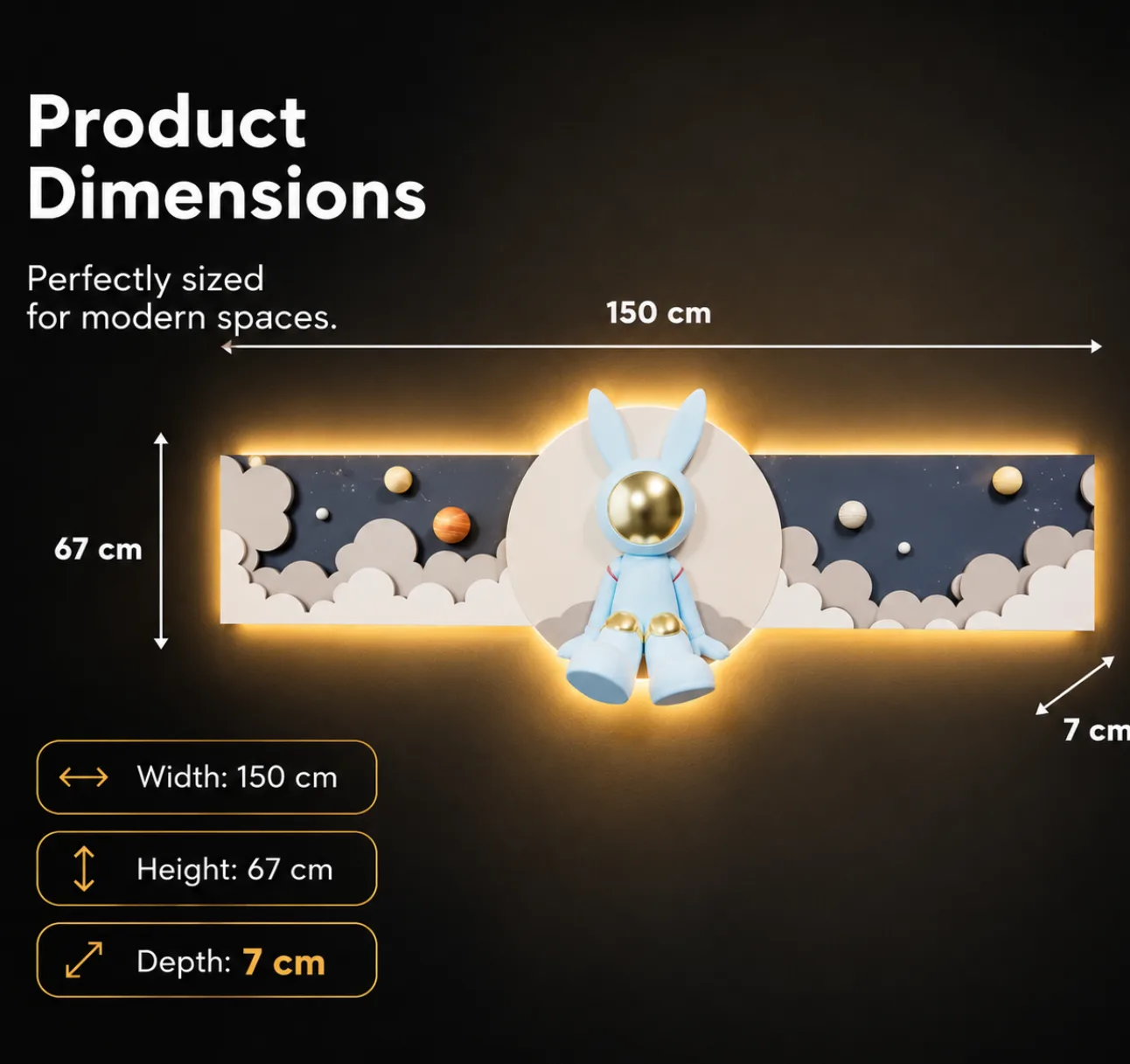 The Cosmic Companion, LED curated 3D wall art, 150 x 67 x 7 cm
