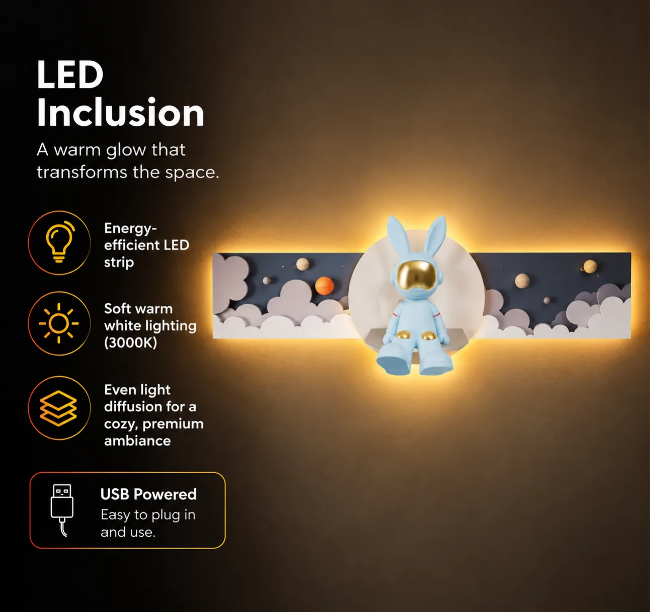 The Cosmic Companion, LED curated 3D wall art, 150 x 67 x 7 cm