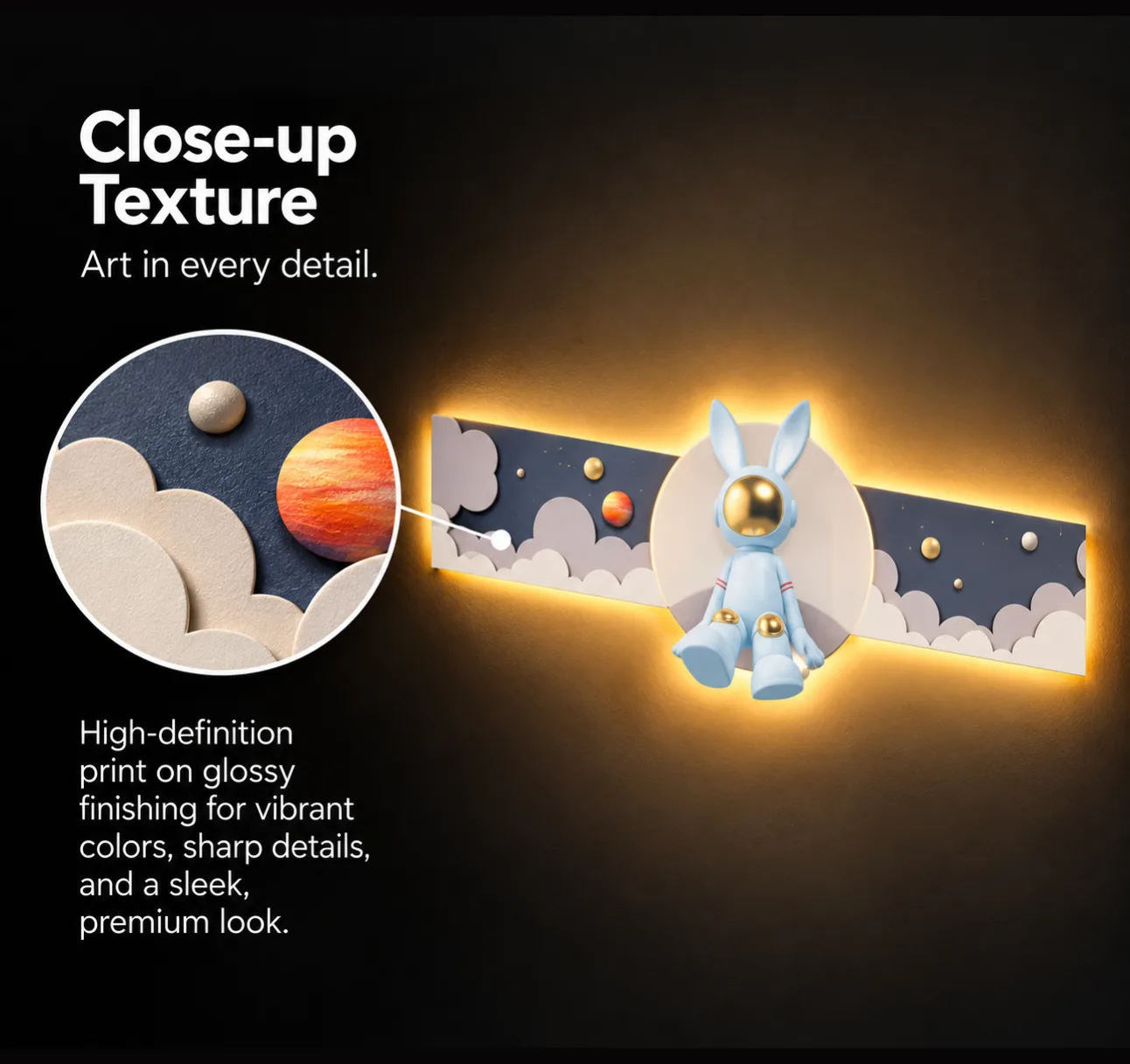 The Cosmic Companion, LED curated 3D wall art, 150 x 67 x 7 cm