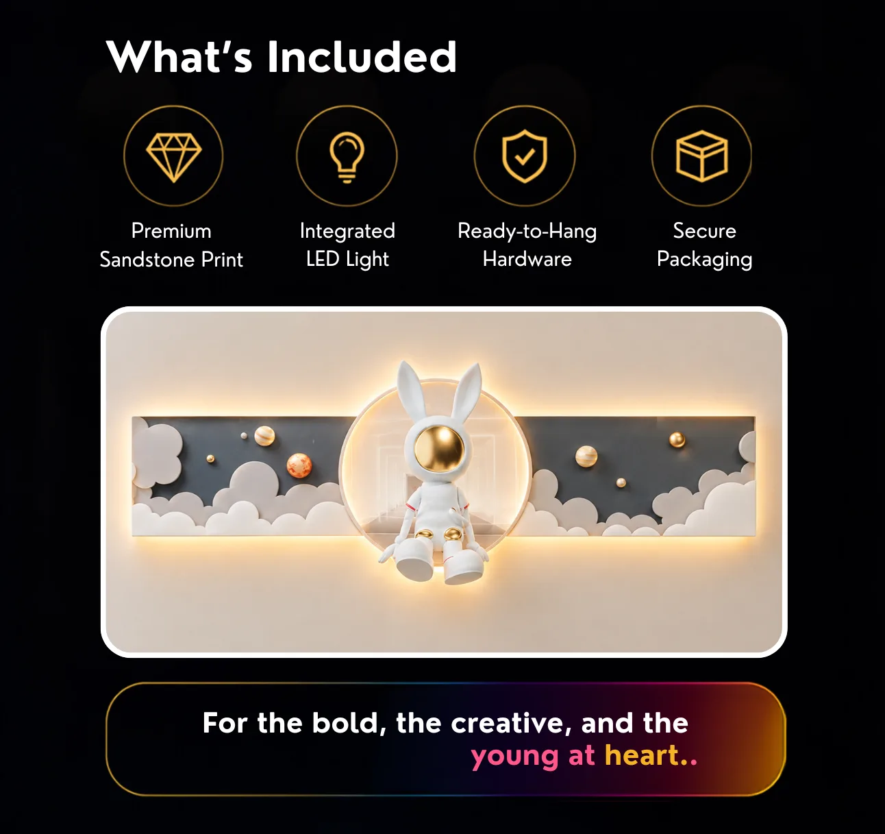 The Cosmic Companion, LED curated 3D wall art, 150 x 67 x 7 cm