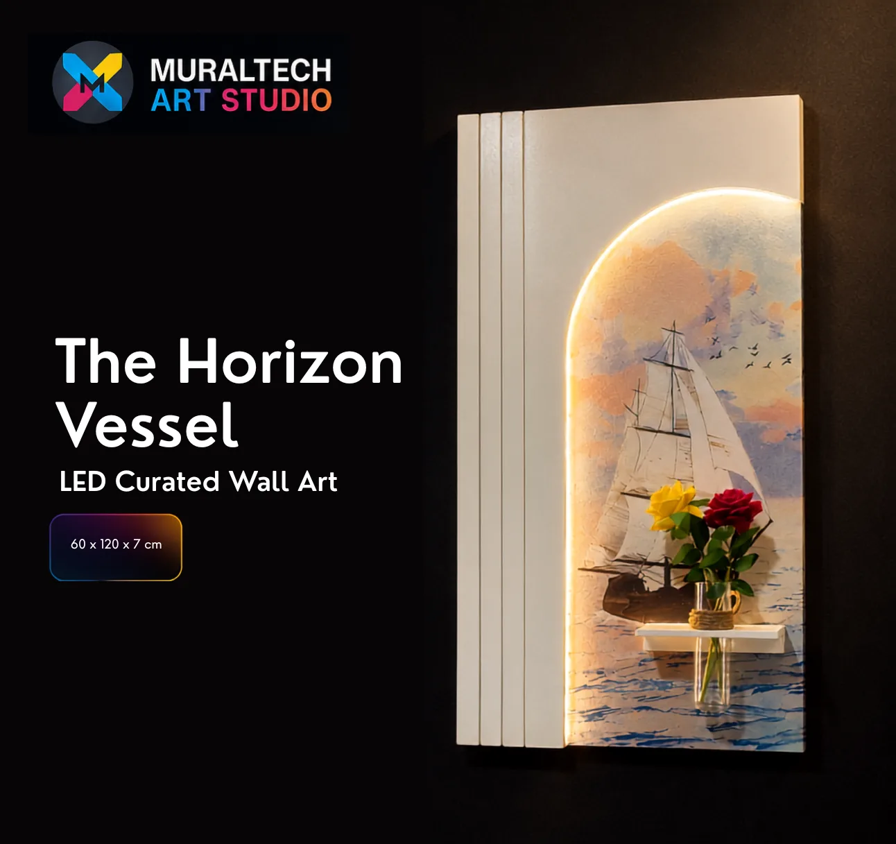 The Horizon Vessel, LED curated 3D wall art, 60 x 120 x 7 cm
