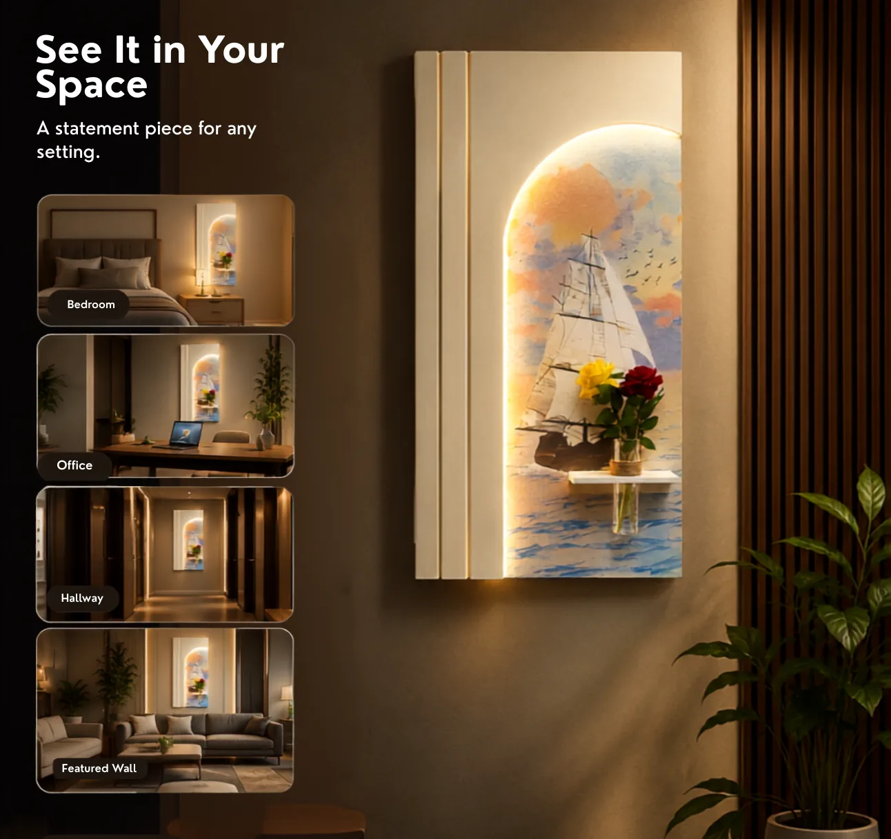 The Horizon Vessel, LED curated 3D wall art, 60 x 120 x 7 cm