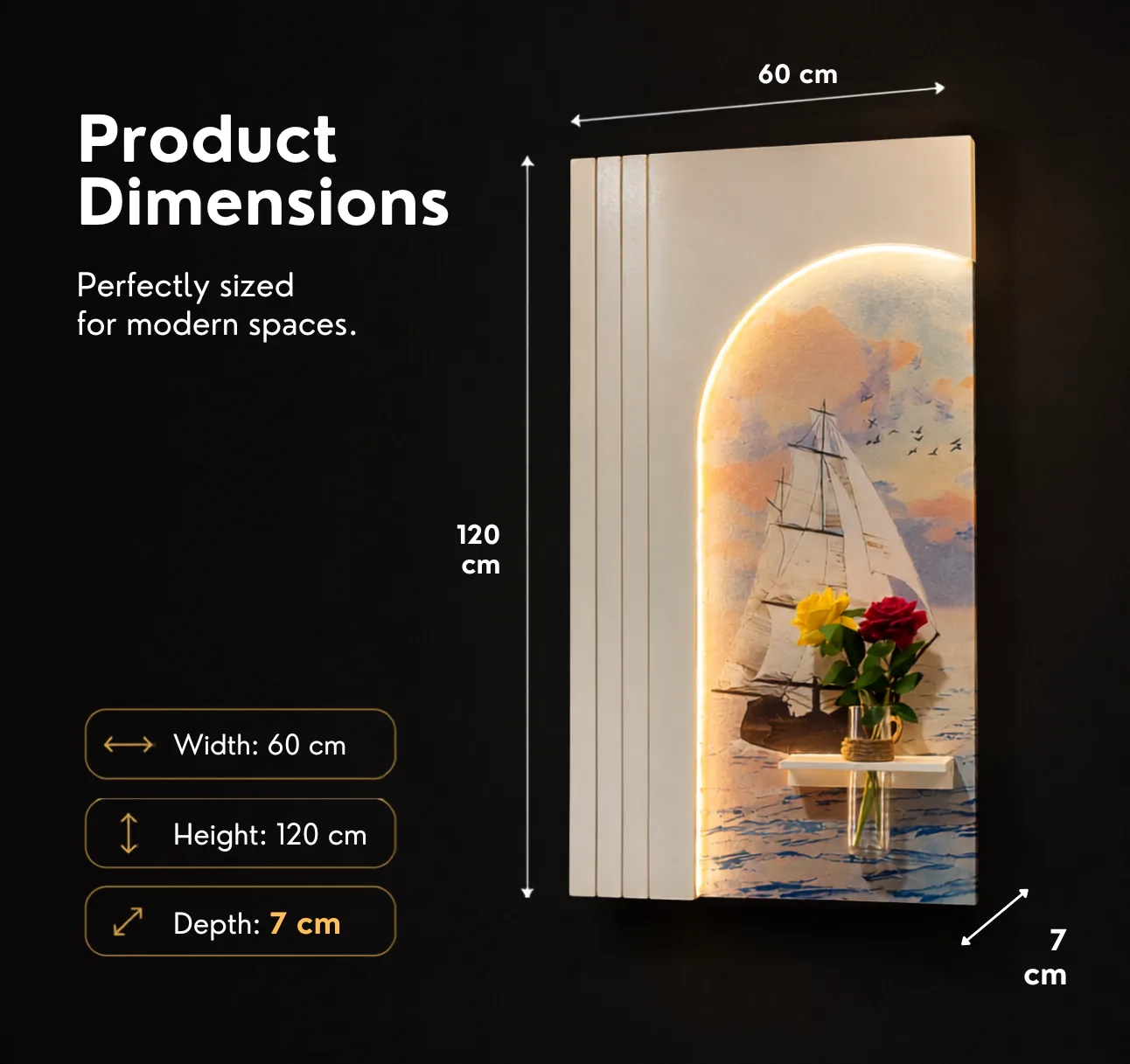 The Horizon Vessel, LED curated 3D wall art, 60 x 120 x 7 cm