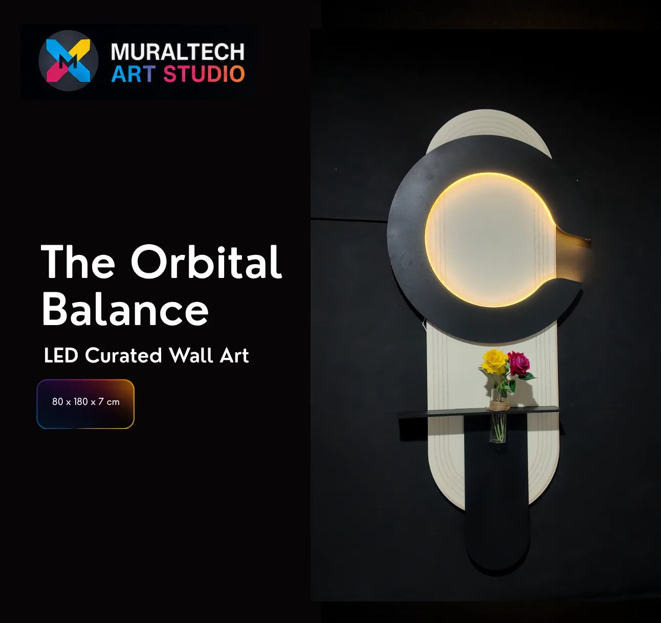 The Orbital Balance, LED curated 3D wall art, 80 x 180 x 7 cm