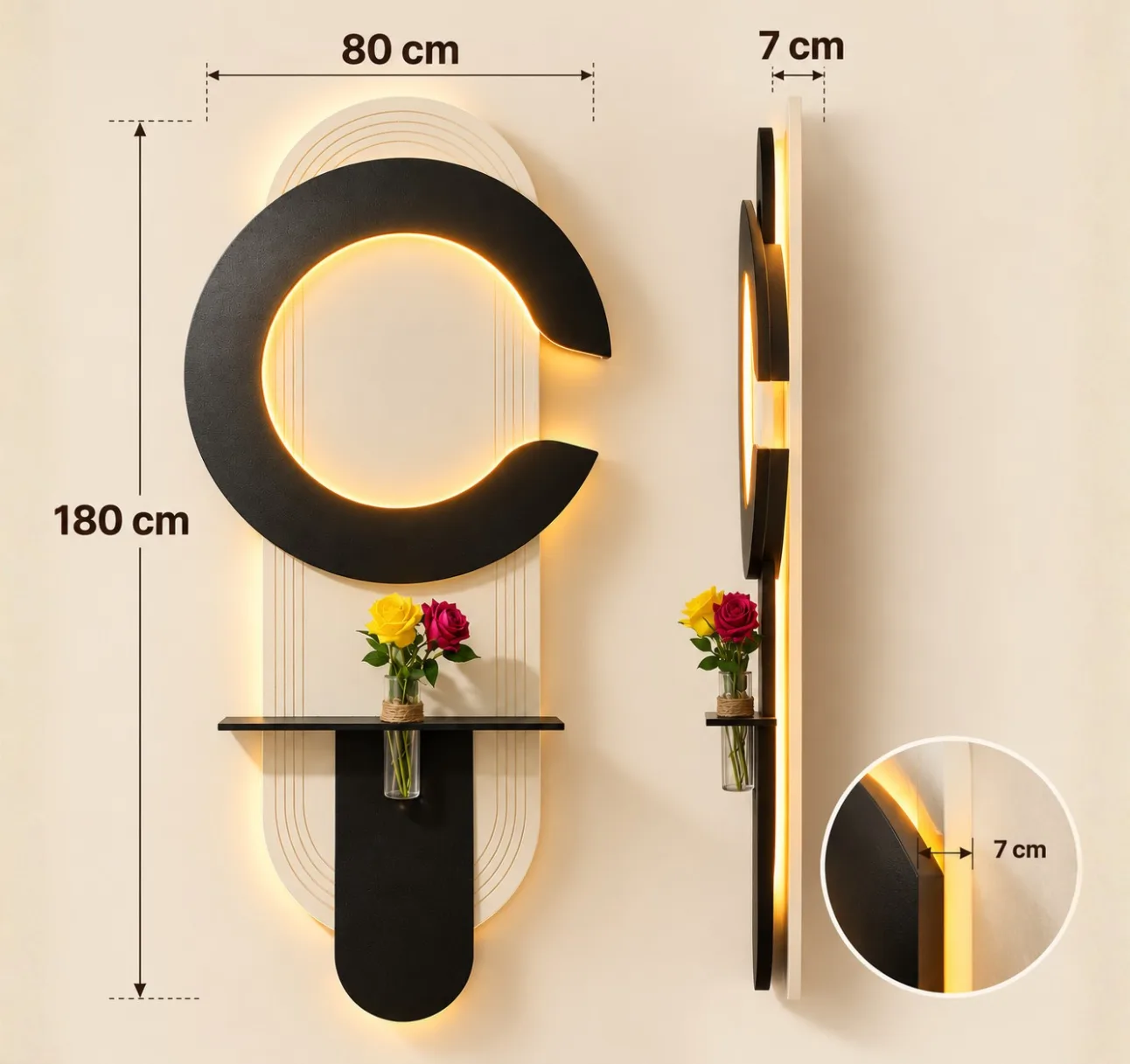 The Orbital Balance, LED curated 3D wall art, 80 x 180 x 7 cm