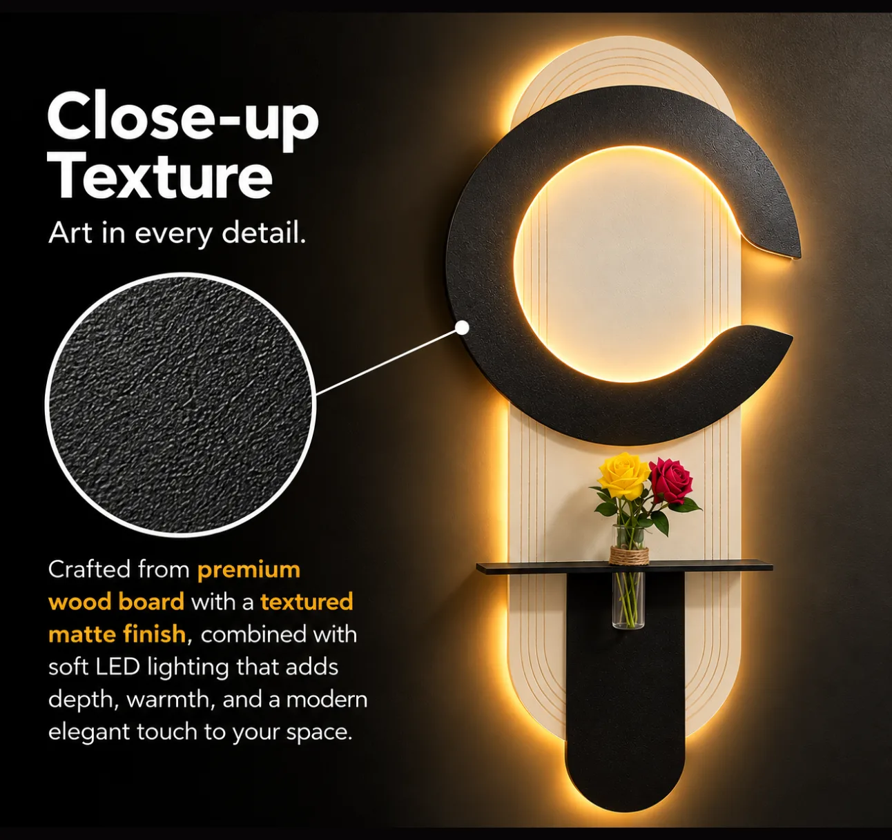 The Orbital Balance, LED curated 3D wall art, 80 x 180 x 7 cm