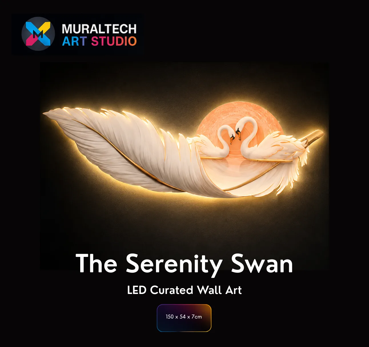 The Serenity Swan, LED curated 3D wall art, 150 x 54 x 7 cm