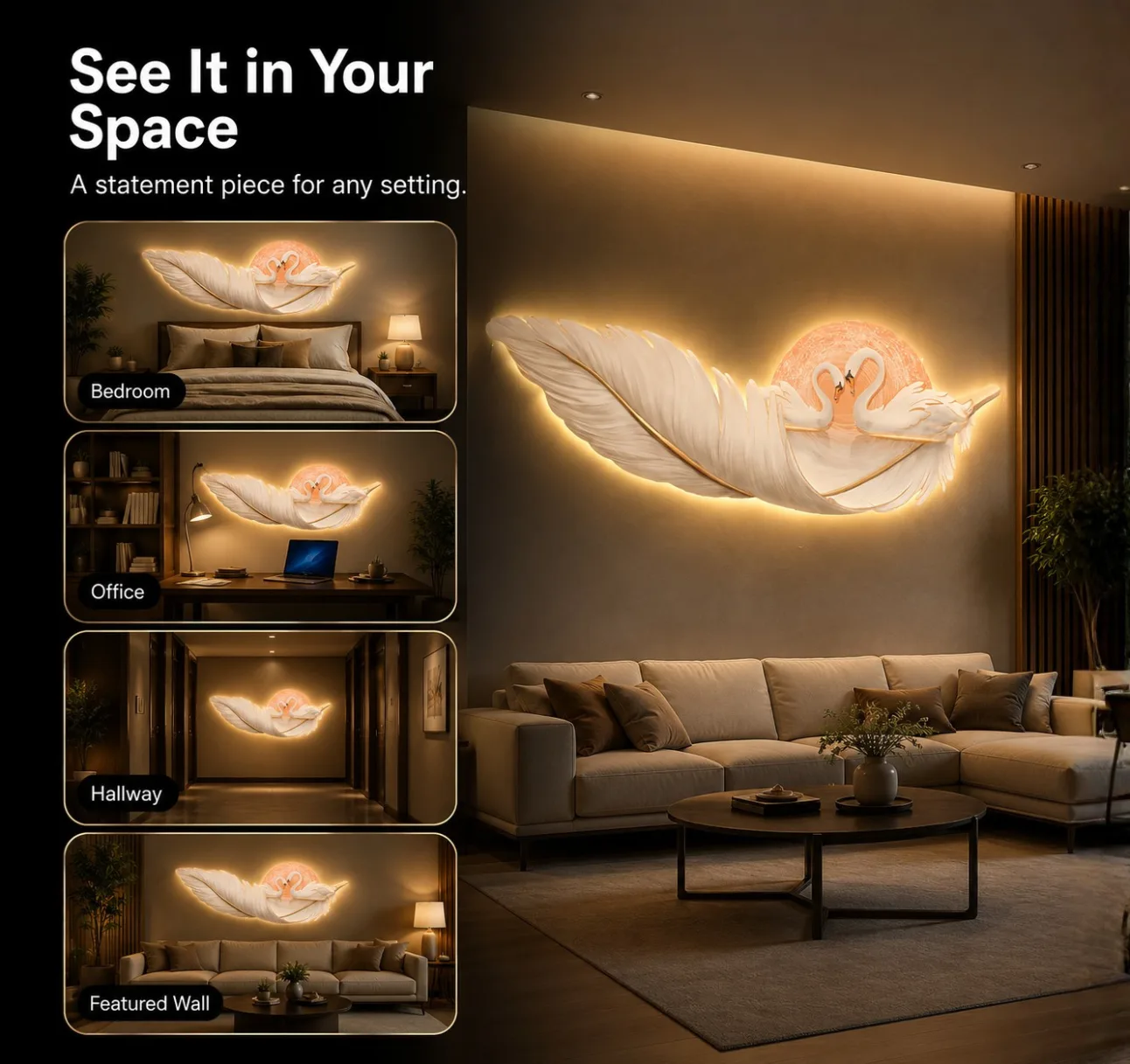 The Serenity Swan, LED curated 3D wall art, 150 x 54 x 7 cm