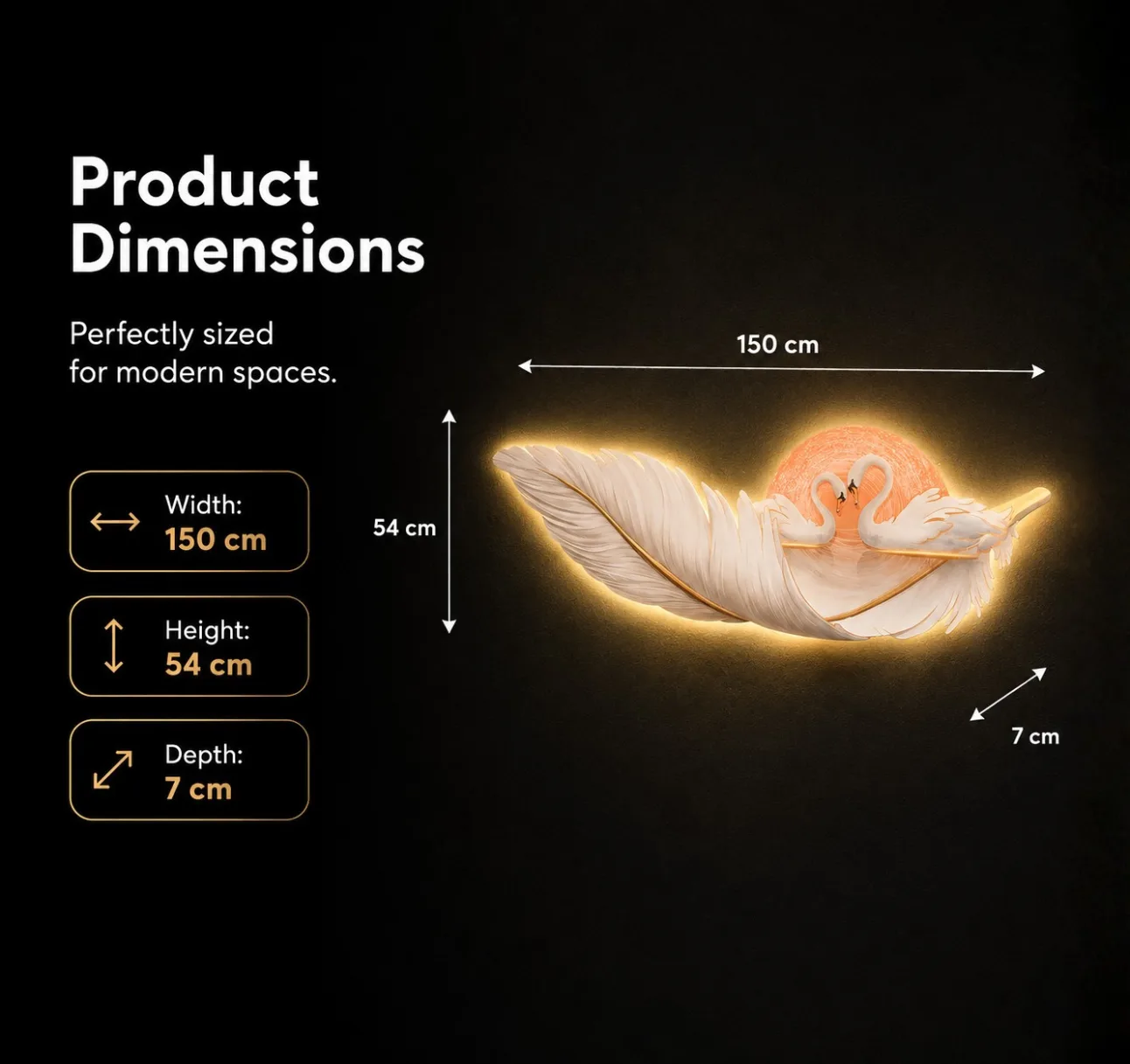 The Serenity Swan, LED curated 3D wall art, 150 x 54 x 7 cm