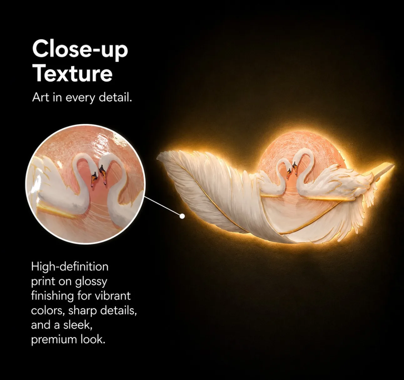 The Serenity Swan, LED curated 3D wall art, 150 x 54 x 7 cm