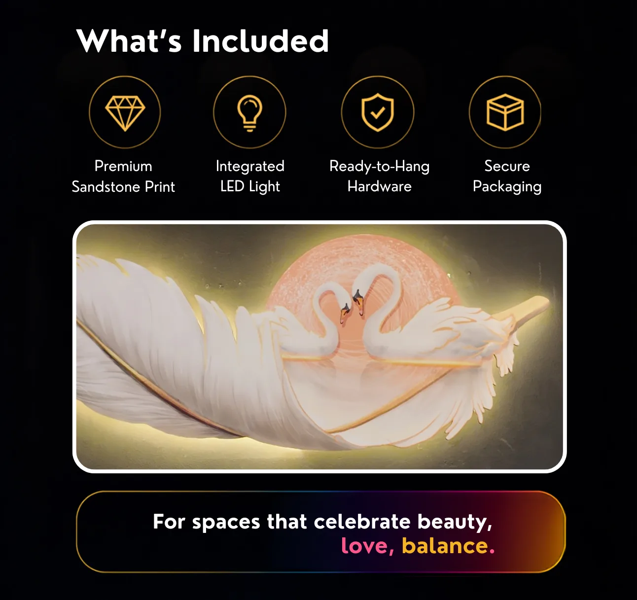 The Serenity Swan, LED curated 3D wall art, 150 x 54 x 7 cm